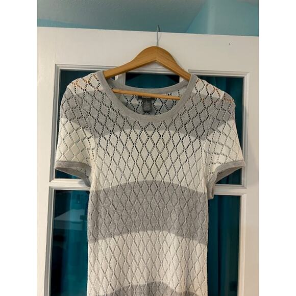 NEIMAN MARCUS Gray White Stripe Open Knit Maxi Sweater Dress Size LARGE Diamond - Picture 3 of 9